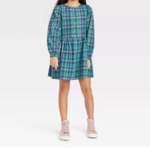 CAT & JACK Plaid Long Sleeve Button-Front Soft Cotton Dress | SZ L 10/12